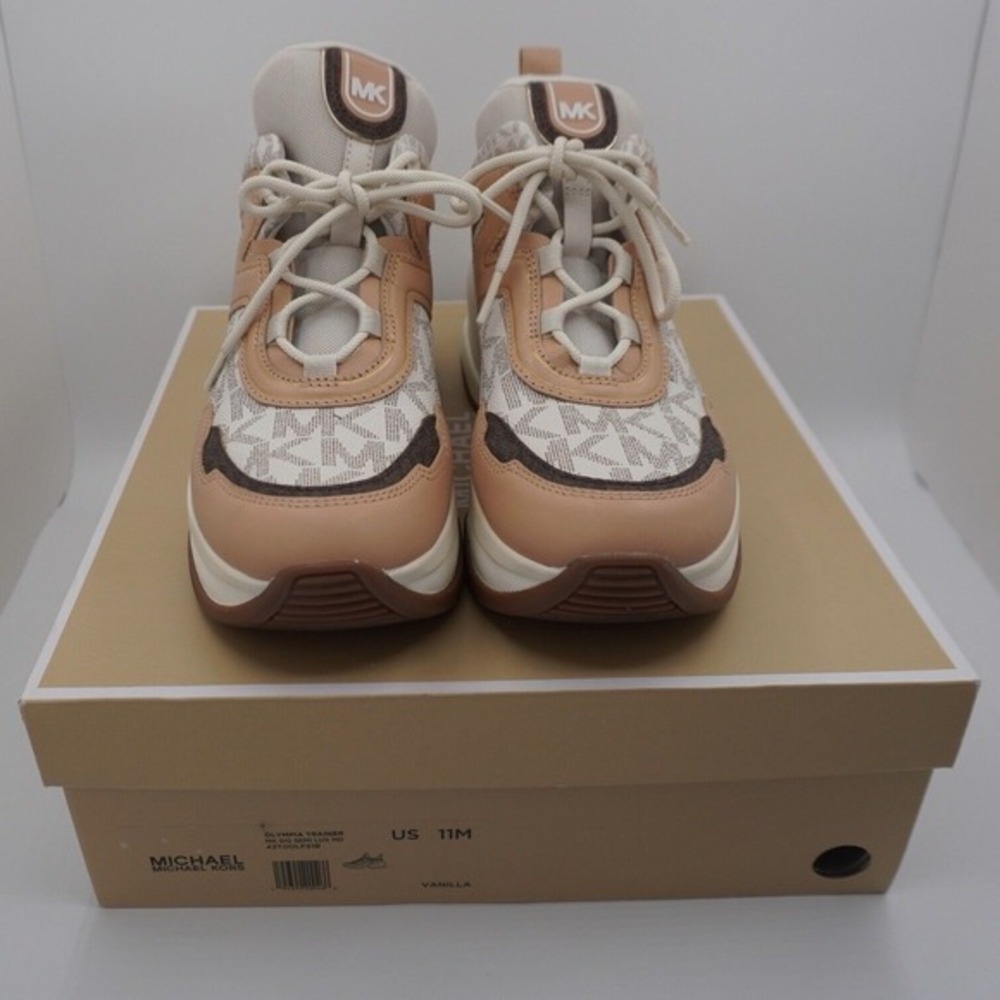 Michael Kors Olympia Trainer Sneakers Vanilla‎ Tan MK Logo 11M Retro Chic 37-01 - Picture 3 of 15